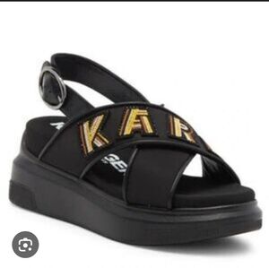 NWOB Karl Lagerfeld Mabli Ankle Strap Sandals / Platform Black Sandals